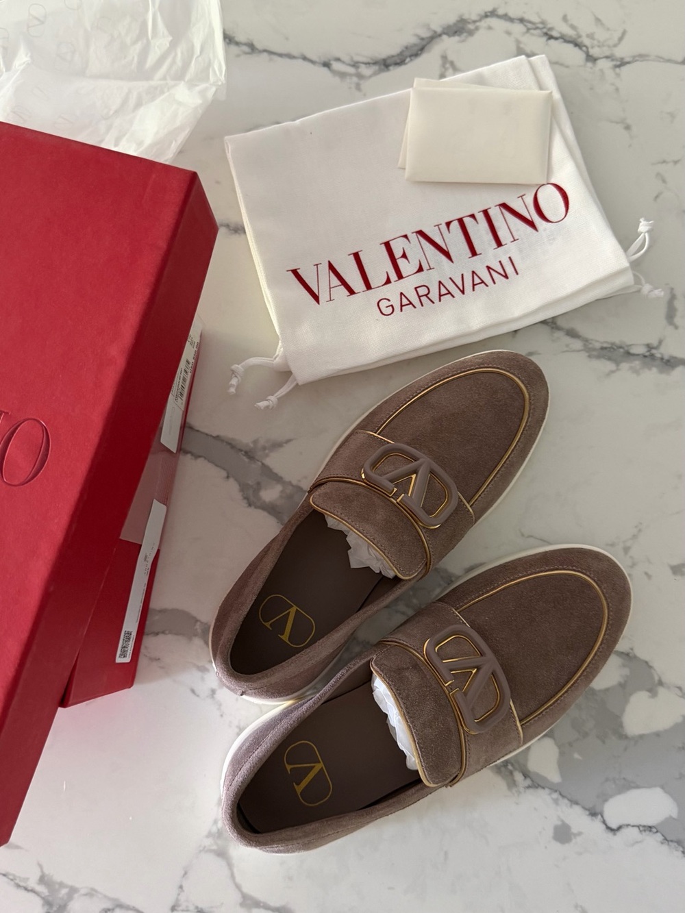 Valentino Garavani suede leather gold V logo loafers NWT